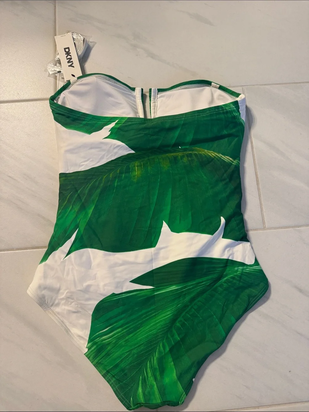 Never been worn- DKNY Green & White Strapless Ruched One-Piece Swimsuit - Picture 2 of 3